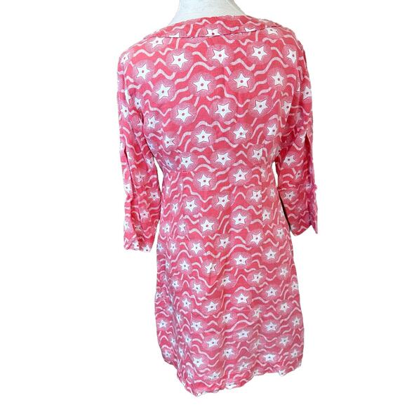 Boden Red Linen Star Mini Dress 3/4 Sleeve Notch Neck Sz 8 Petite 4th Of July - Picture 11 of 11